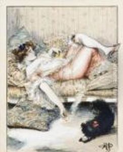 Jeune Femme Et Son Chien Dans Un Boudoir by Albert Guillaume