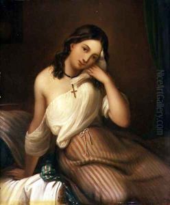 Portrait of a Girl holding a Dove by Georges Croegaert