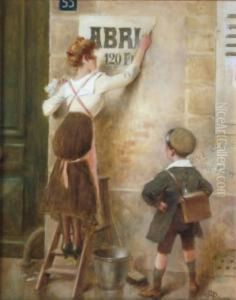 L'ecolier Et La Jeune Femme Decollant Une Affiche A La Fin De La Guerre