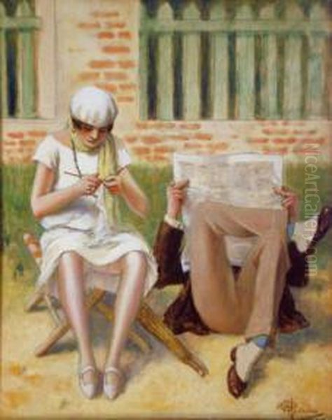 Femme A Son Tricot Et Homme A Son Journal. - view 1