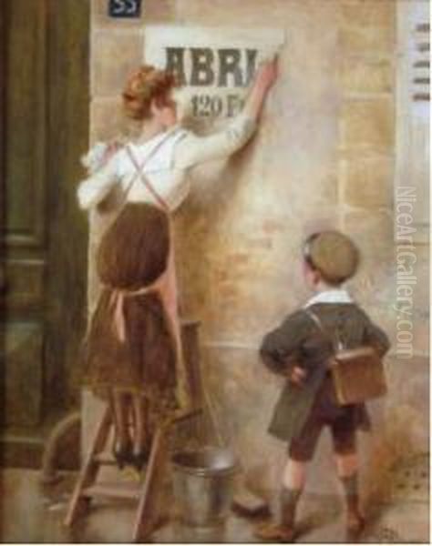 L'ecolier Et La Jeune Femme Decollant Une Affiche A La Fin De La
 Guerre. - view 1