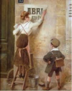 L'ecolier Et La Jeune Femme Decollant Une Affiche A La Fin De La
Guerre. by Albert Guillaume