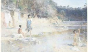 Jeune Filles Dans L'oued, Bou Saada. by Gustave Achille Guillaumet