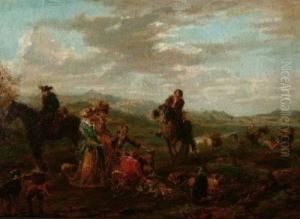 Figures And Horses In Landscape by Alexandre Marie Guillemin