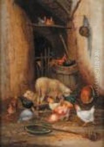 "moutons Dans La Basse-cour" 
Huile Surpanneau De Chene, Signee En Bas A Gauche, 32,5 X 23,5 Cm