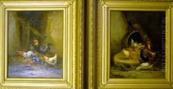 French Pair Of Oils On Canvas Chickens, Ducks And A Peacock In A Barn Signed 12 X 10in - view 1
