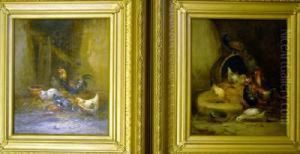 French Pair Of Oils On Canvas Chickens, Ducks And A Peacock In A Barn Signed 12 X 10in by Claude Guilleminet