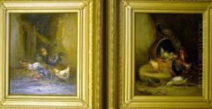 Chickens, Ducks And A Peacock In A Barn by Claude Guilleminet
