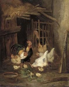 A Rooster, Chickens And Baby Chicks In An Interior A Rooster, Chickens And Baby Chicks In An Interior