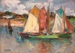 A Flotilla Of Sailing Boats Off The Coast by Henri Guinier
