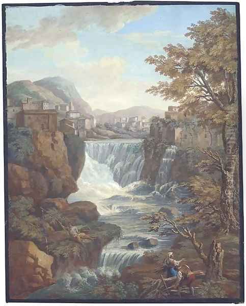 An extensive mountainous landscape with a waterfall by a town, peasants fishing and gathering wood in the foreground - view 1