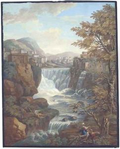 An extensive mountainous landscape with a waterfall by a town, peasants fishing and gathering wood in the foreground by Charles-Louis Clerisseau