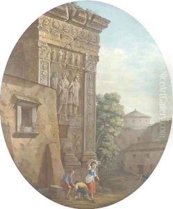 The Arch of the Argentieri, Rome, with figures in the foreground by Charles-Louis Clerisseau