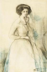 Lady In White Dress, Around 1910 by Lajos Gulacsy