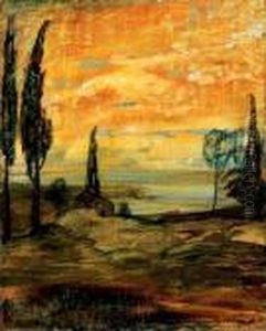 Sunset In Italian Landscape, Late 1900s by Lajos Gulacsy