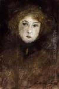 Young Girl With A Black Silken Scarf And Golden Brooch by Lajos Gulacsy
