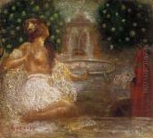 By The Fountain by Lajos Gulacsy