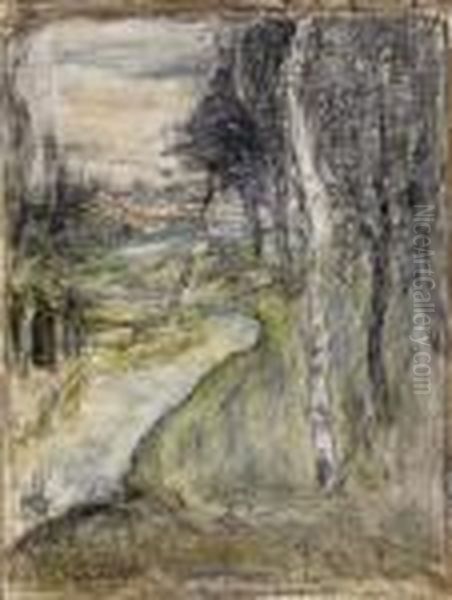 Winding Brookside With Birch-trees And Walkers - view 1