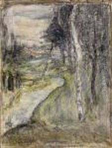 Winding Brookside With Birch-trees And Walkers by Lajos Gulacsy