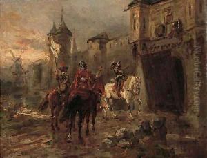Cavalry officers and a knight outside the castle walls