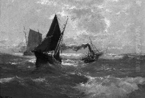 "fischerboote Auf Sturmischer
See". Sign., Bez. Ddf. Und Dat. 12. Ol Auf Lwd. 45,5 X 65,5 Cm. Rahmen by Erwin Carl Wilhelm Gunther