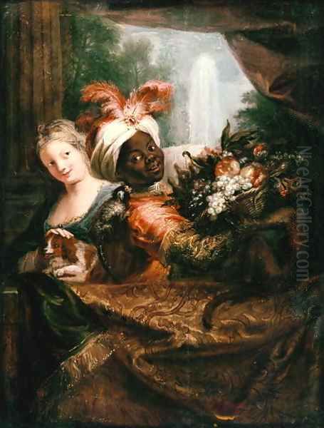 Young Black Man Holding a Basket of Fruit and a Young Girl Stroking a Dog - view 1