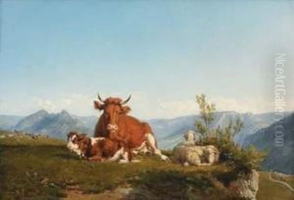 Vaches Et Moutons Dans Un Paysage Vallonne - view 1
