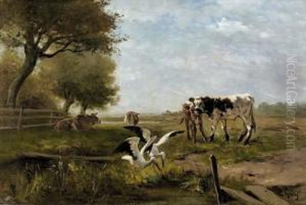 Sommerliche Landschaft Mit Rindern Und Storchen. - view 1