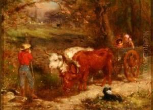 Farmer With Children In An Oxen-drawn Cart by Seymour Joseph Guy