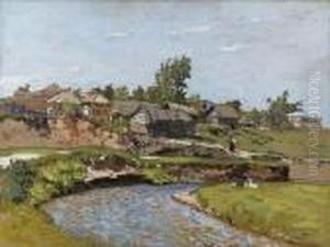 Russian Village By A River by Mikhail Markelovich Guzhavin