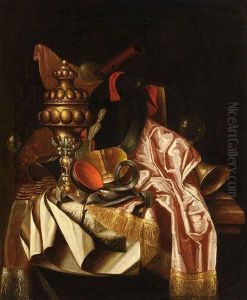 A Vanitas Still Life With 
Amongst Others A Gilt Pineapple Shaped Goblet, Musical Instruments And A
 Watch