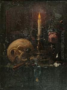 Still Life Of A Candle, Glass, Skull, A Medal On A Ribbon And Flowers On A Table Top by Franciscus Gysbrechts