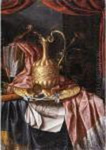 A Still Life Of A Gilt Ewer, A
Gilt Plate, Prints And Writing Materials All Resting On A Draped Table by Franciscus Gysbrechts