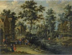 A Village Street In A Wooded
Landscape With Villagers Drinking Outside An Inn, Other Figures On A
Path Along The Riverside, An Elegant Company Halting Near A Ferry Boat by Pieter Gysels