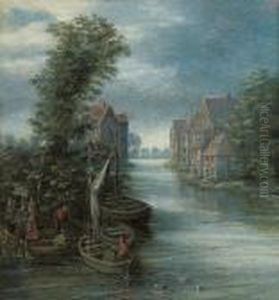 A River Landscape With Figures Boarding A Row Boat