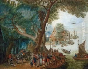 Bewaldete Flusslandschaft Mit Booten by Pieter Gysels
