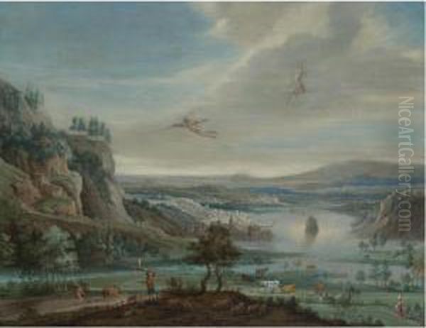 An Extensive River Landscape With The Fall Of Icarus - view 1