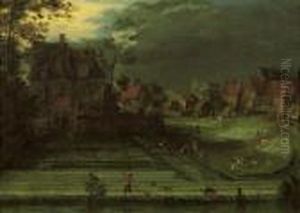 A Town With Figures Working In Bleaching Fields In The Foreground by Pieter Gysels