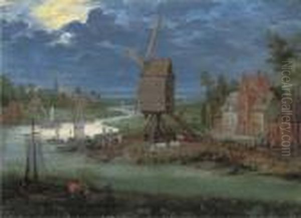 A River Landscape With Peasants By A Landing-stage And A Windmill - view 1