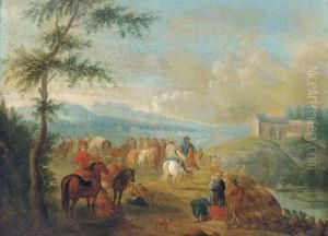 A Landscape With Travellers At Halt By A River by Pieter Gysels