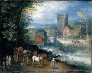 A River Landscape With A Watermill, Travellers And A Horse And Cart In The Foreground
