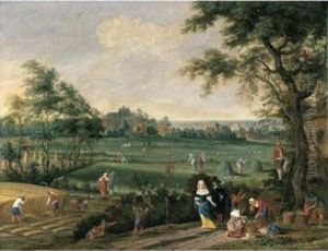 A Late Summer Landscape With
Peasants Harvesting Corn, Raking Hay And Picking Fruit, Observed By An
Elegant Couple On A Road by Pieter Gysels