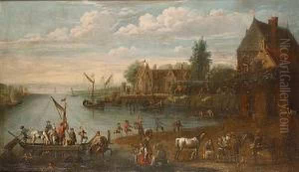 A Busy Riverside Town With Figures Disembarking From A Ferry - view 1