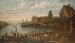 A Busy Riverside Town With Figures Disembarking From A Ferry
