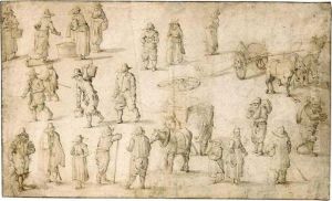 Sheet Of Studies Of Peasants, Horses And Carts by Pieter Gysels
