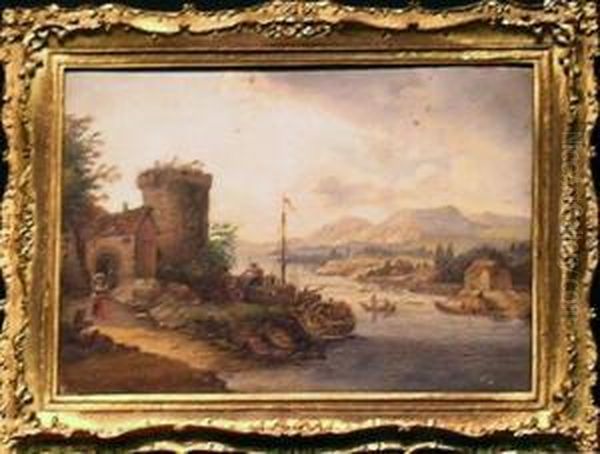 Riverscape With Shipping By A Tower - view 1