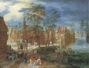 A Village Scene With Peasants Strolling By A River Bank