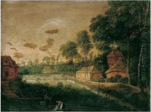 A Village Scene With Figures Bleaching Linen In The Foreground, A Waggoner Beyond