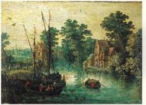 Paysage Fluvial Anime De Pecheurs by Pieter Gysels