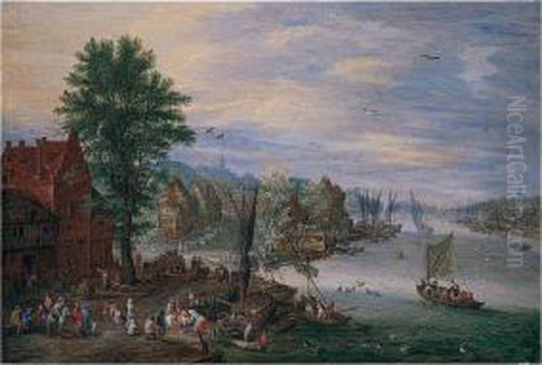A Village Scene With Boats And Fishermen By A River - view 1
